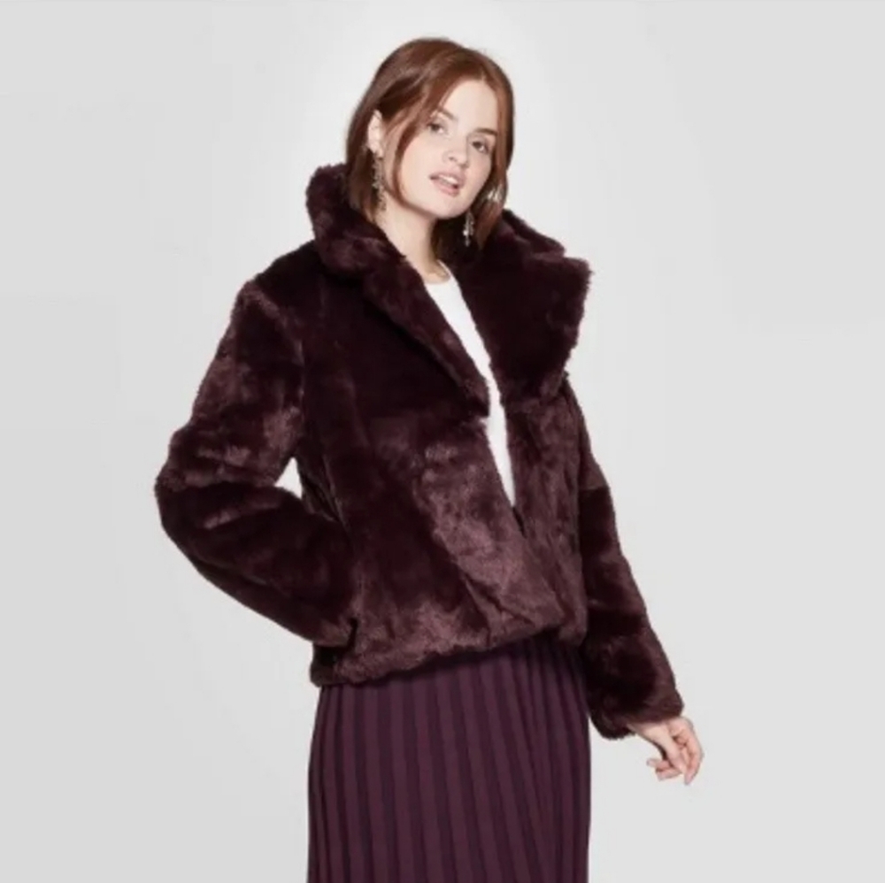 A New Day Faux Fur Jacket Burgundy Size M NWT